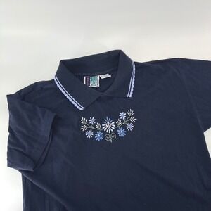 Vintage Bold Spirit Petite Embroidered Floral Polo Shirt Navy Blue USA‎ Made PM